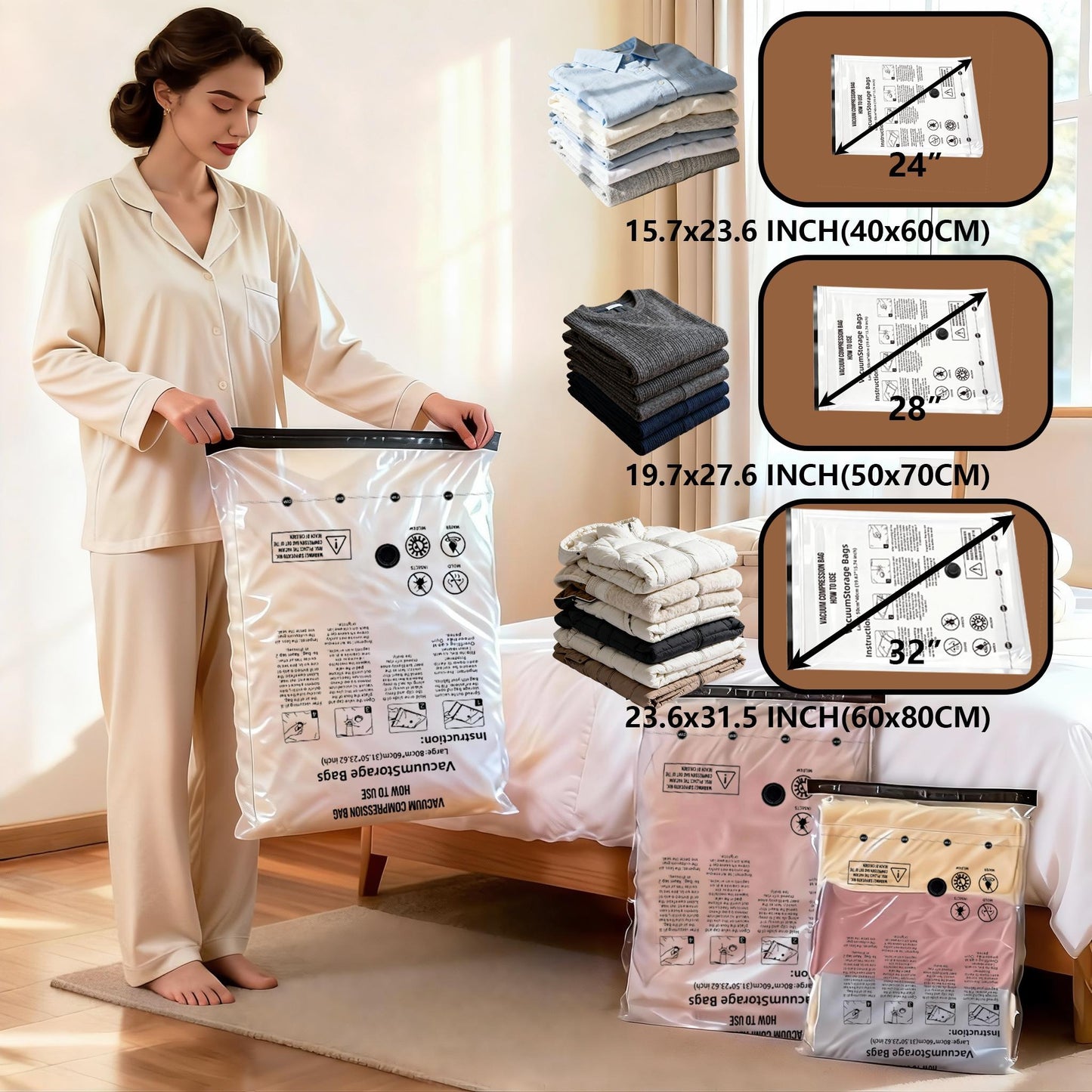 Space Saving Vacuum Compression Bags 15-Pack, 3 Sizes with Cordless USB Rechargeable Pump, Waterproof Reusable Bags for Travel & Clothing
