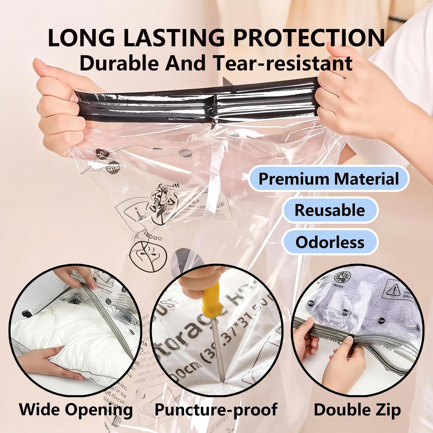 Space Saving Vacuum Compression Bags 15-Pack, 3 Sizes with Cordless USB Rechargeable Pump, Waterproof Reusable Bags for Travel & Clothing